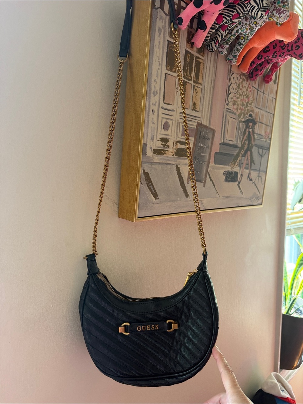 GUESS Black Quilted Crescent Crossbody with Gold Chain